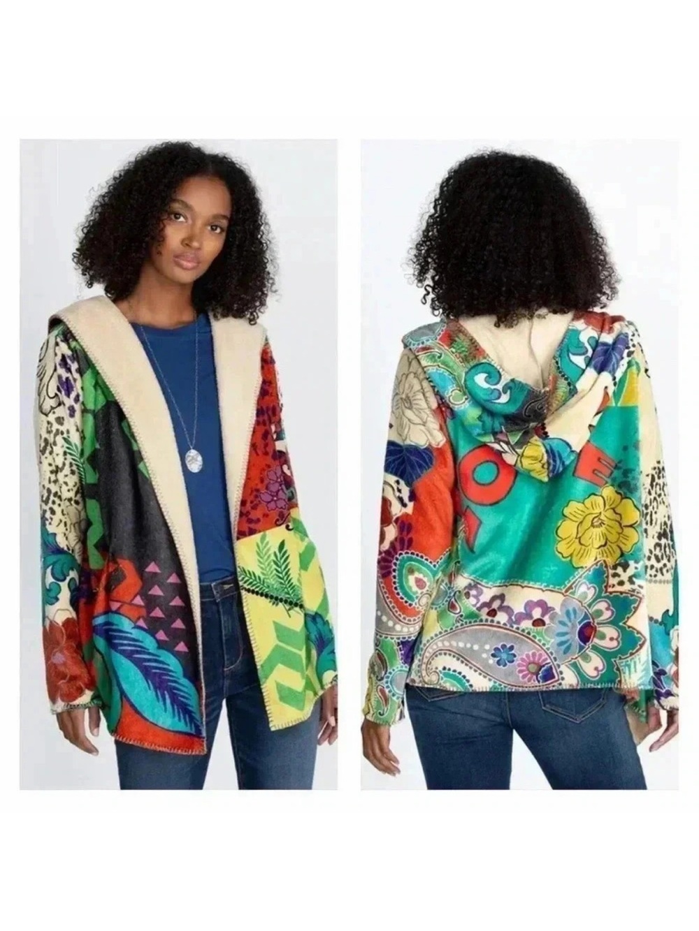 Johnny Was Peace Love Cozy Sherpa Hoodie Jacket. Boho. Womens Soze S. Floral - Picture 3 of 8